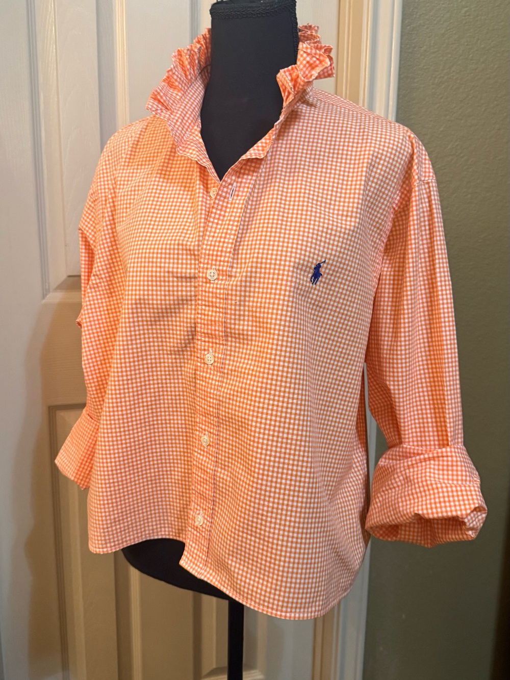 Upcycled Men’s Ralph Lauren Orange Gingham Ruffle-Collar Button Shirt - Picture 3 of 8